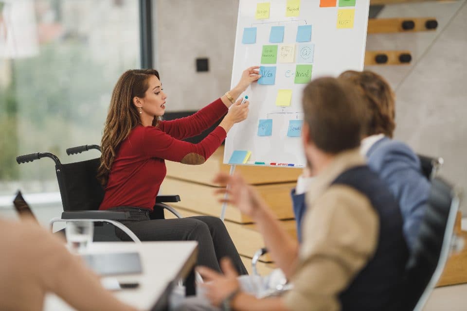 Profissional apresentando um quadro de planejamento para a equipe